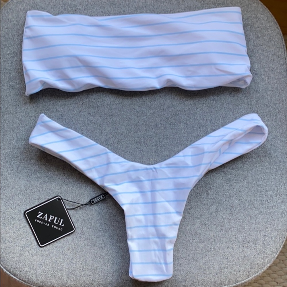 NWT Zaful Strapless Blue and White Striped Bikini